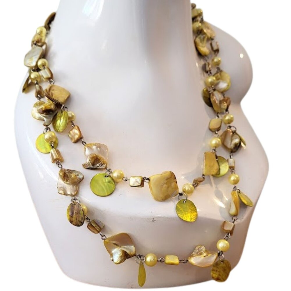Mother Of Pearl Golden-Yellow Infinite Strand Shell Necklace 24"